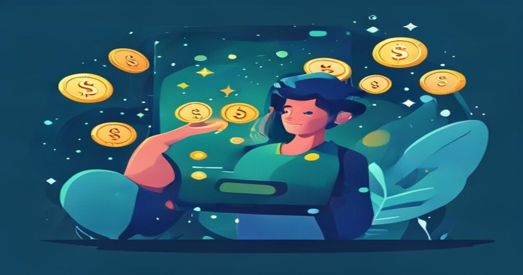 Người dùng kiếm tiền online bằng điện thoại smartphone, đồng xu và phần thưởng kỹ thuật số