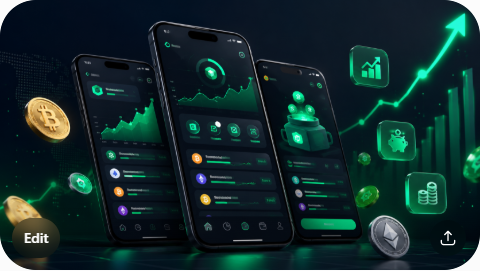 Crypto earning apps with USDT rewards, smartphone and coins on dark slate background with emerald green accents