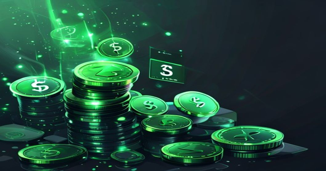 Ad-Watching Income prize reward with glowing coins and tickets on dark slate background