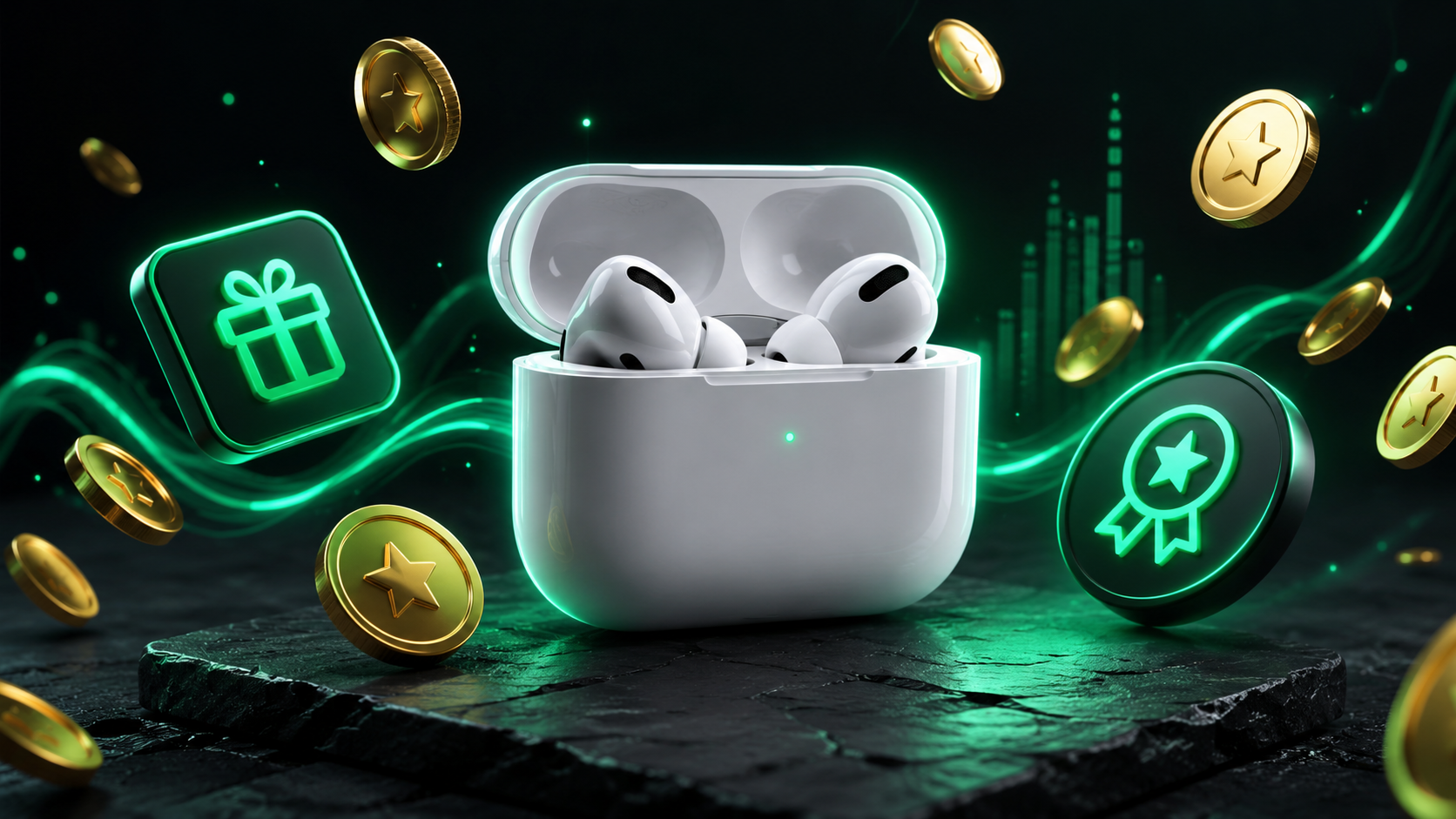 Premium wireless earbuds with charging case and reward icons on dark slate table