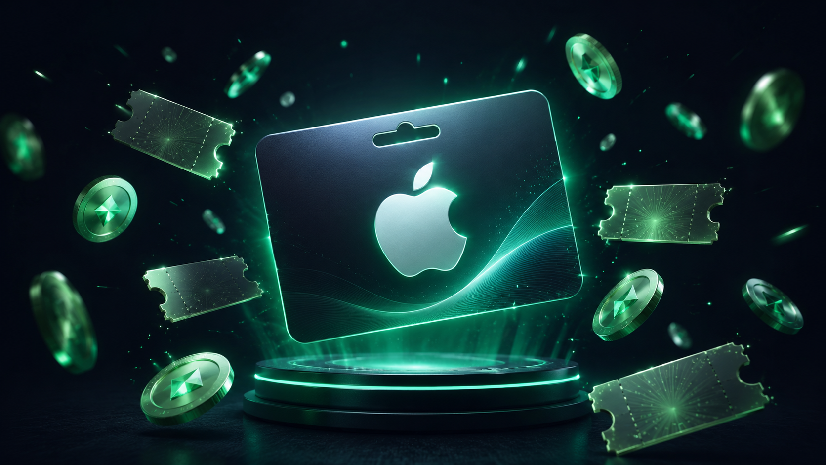Apple Gift Card prize reward with glowing coins and tickets on dark slate background