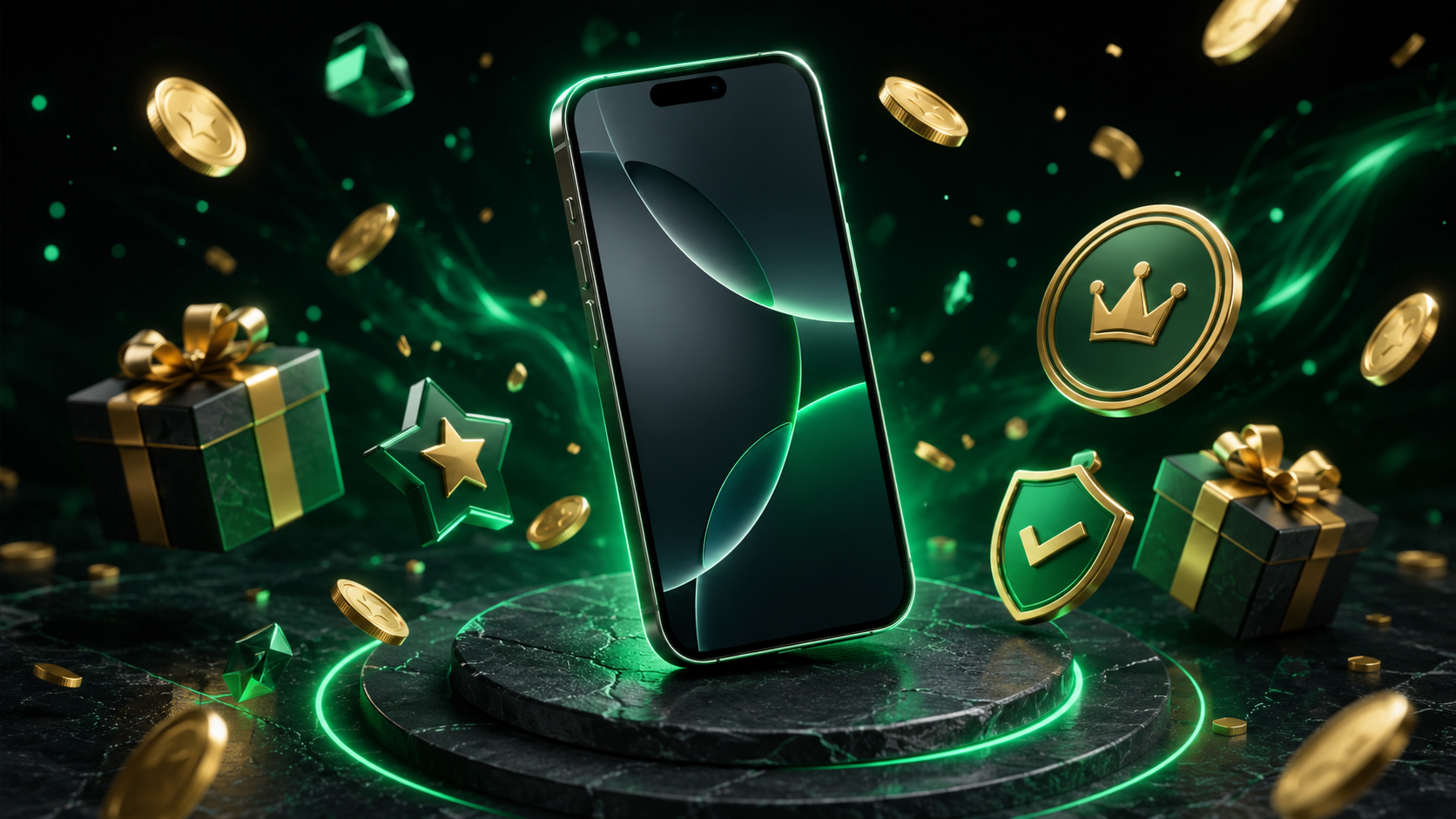 Premium smartphone with reward coins and gift icons on dark slate table
