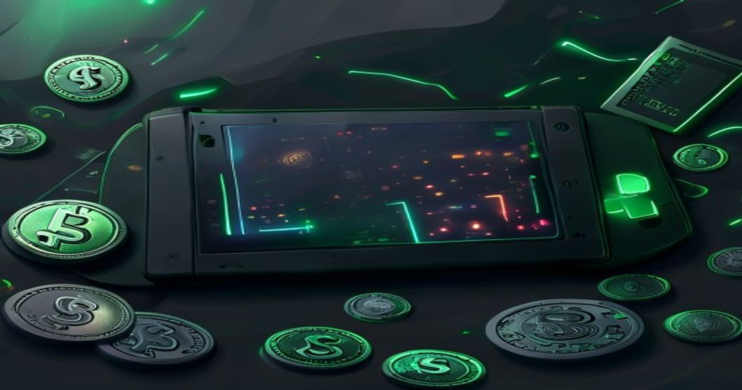 Nintendo Switch OLED console prize reward with glowing tickets and coins on dark slate background