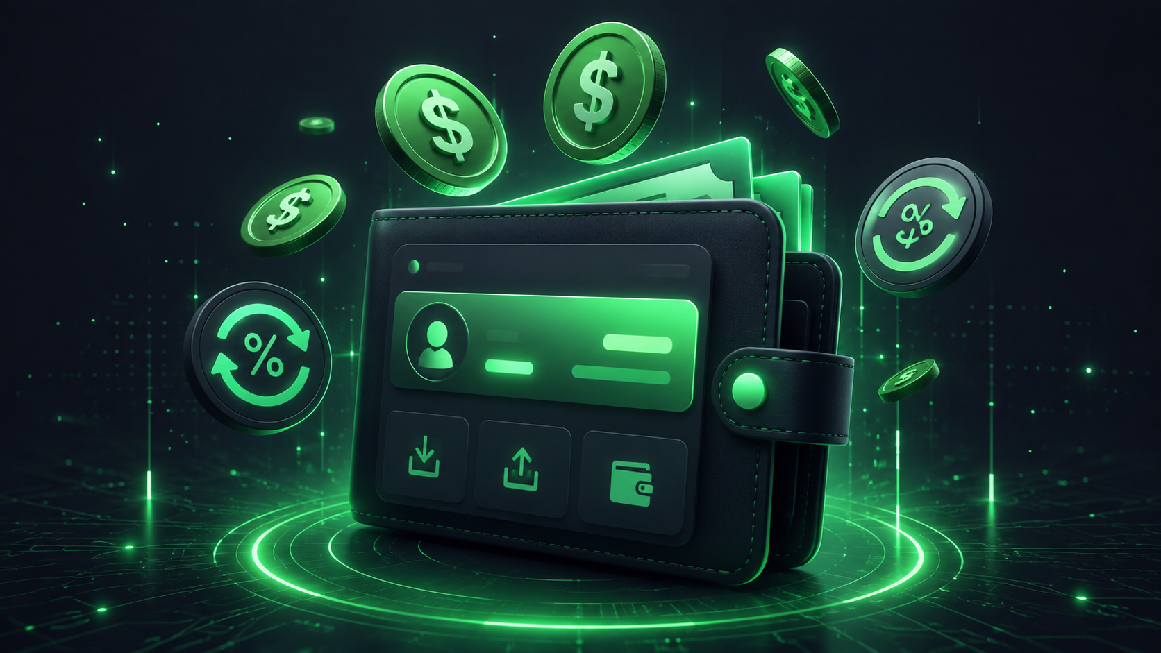 Digital wallet with floating dollar coins and cashback icons on dark slate background