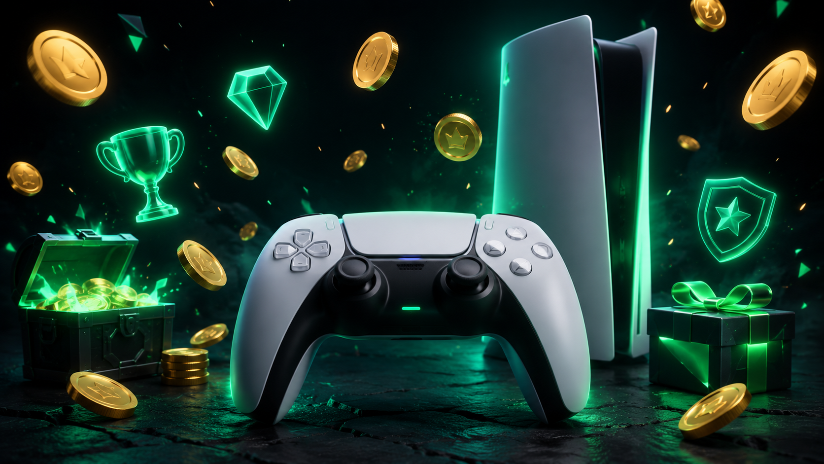 Game console controller with reward coins and gaming icons on dark slate table