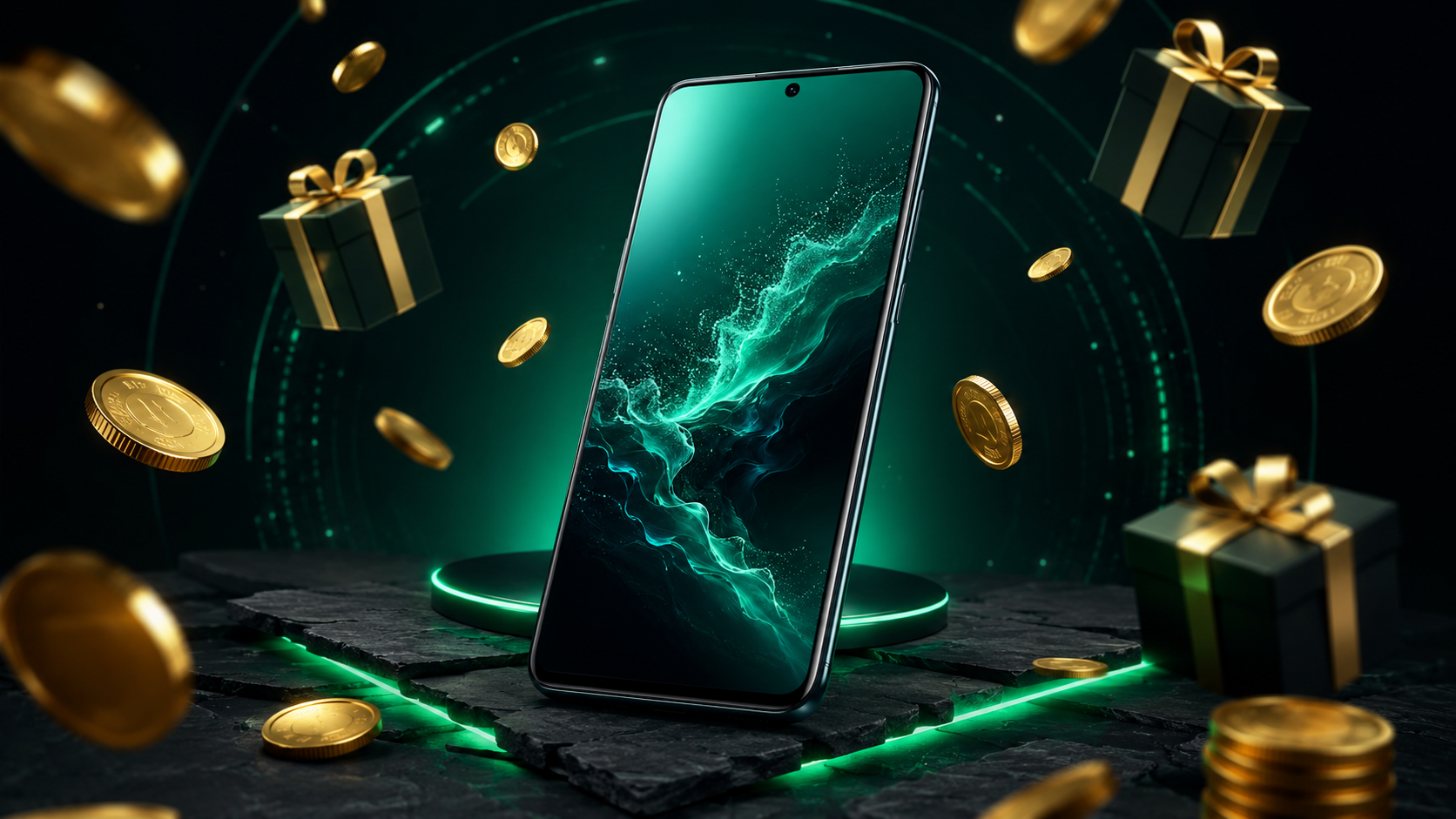Modern Android smartphone with reward coins and gift boxes on dark slate surface