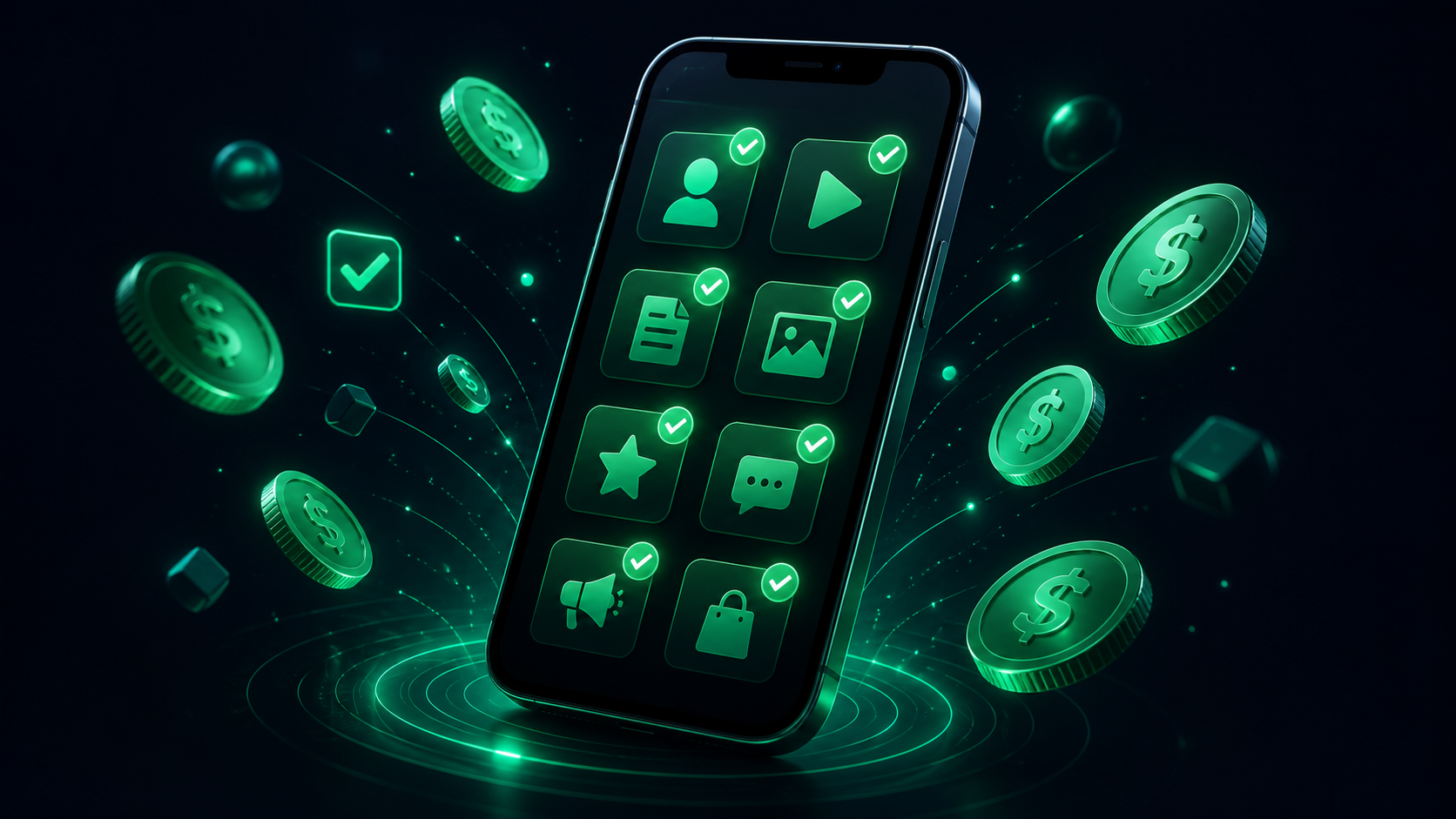 Steam Gift Card prize reward with glowing coins and tickets on dark slate background