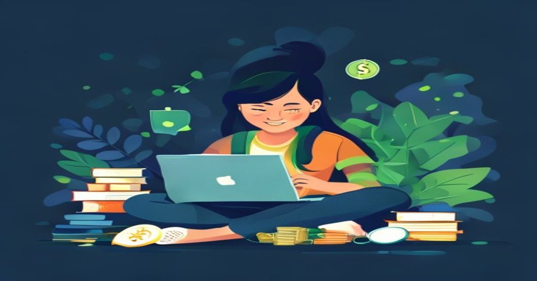 Học sinh sinh viên kiếm tiền online với laptop và điện thoại, sách vở và đồng xu