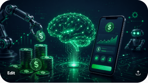 Make money with AI illustration with neural network and money icons on dark slate background with emerald green accents
