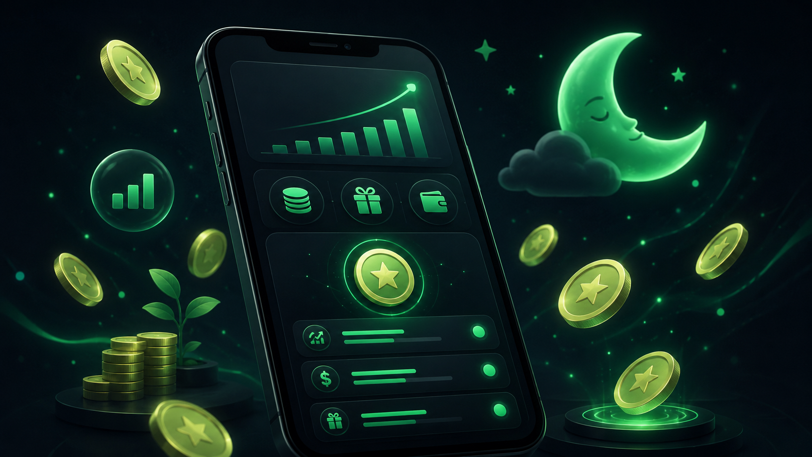 Smartphone with rewards dashboard and floating coins on dark slate background