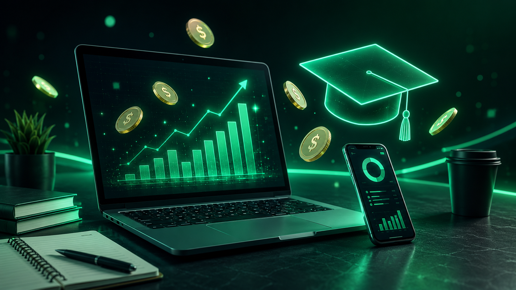 Laptop and smartphone with coins and graduation cap on dark desk