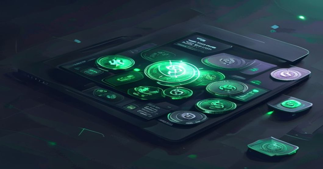 iPad Air prize reward with glowing coins and tickets on dark slate background