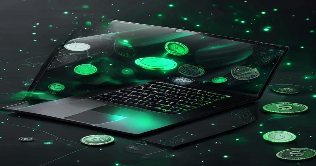 MacBook Air M4 prize reward with glowing coins and tickets on dark slate background