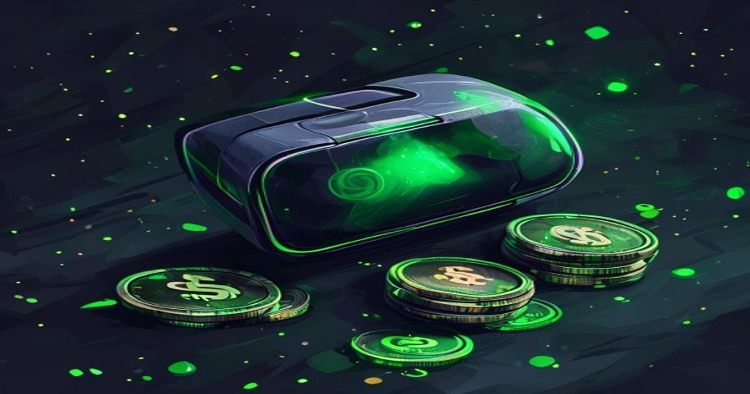 Meta Quest 3 prize reward with glowing coins and tickets on dark slate background